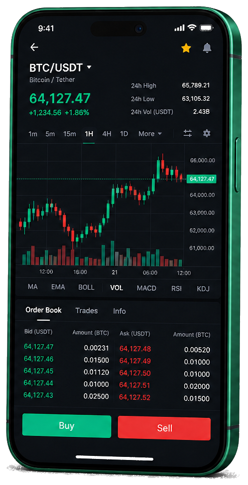 Rendistero plataforma móvil para trading — gráfico en vivo BTC/USDT, libro de órdenes e interfaz de compra/venta
